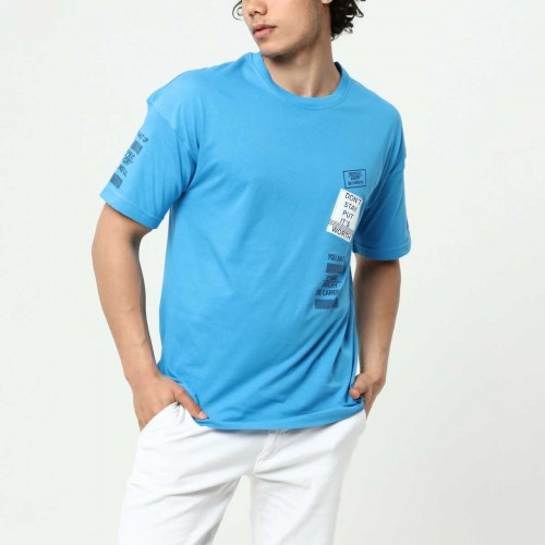 Mavi Ön ve Kol Baskılı Erkek Oversize Kısa Kollu T-Shirt