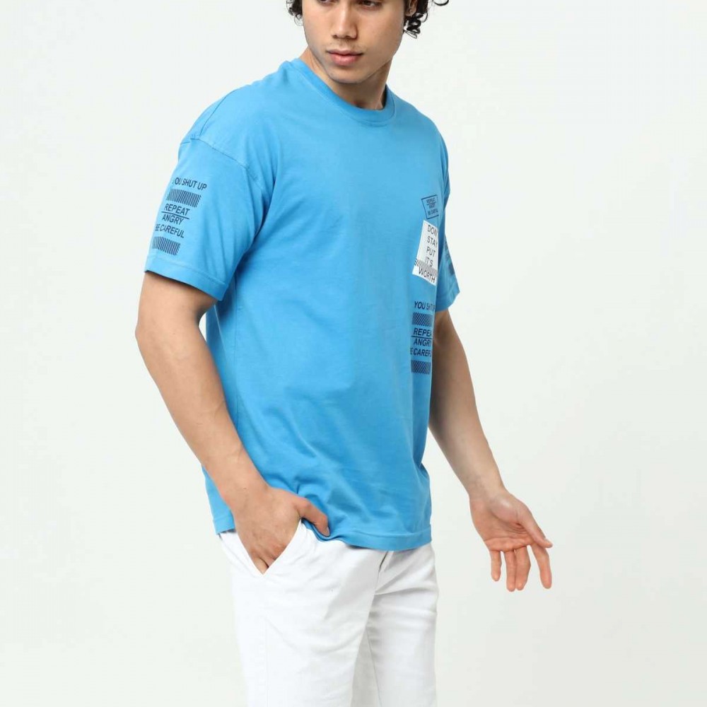 Mavi Ön ve Kol Baskılı Erkek Oversize Kısa Kollu T-Shirt