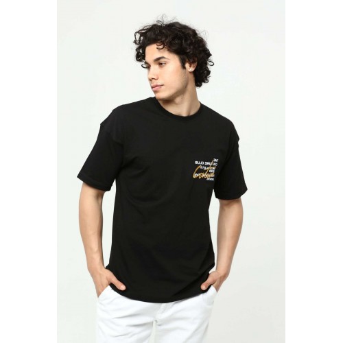 Siyah Erkek Bisiklet Yaka Oversize Kısa Kollu Baskılı Nakış İşlemeli T-Shirt