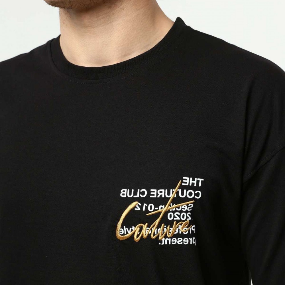 Siyah Erkek Bisiklet Yaka Oversize Kısa Kollu Baskılı Nakış İşlemeli T-Shirt
