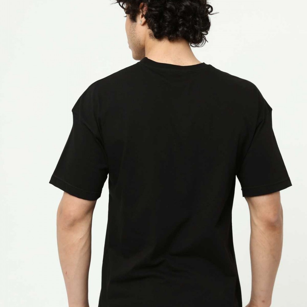 Siyah Erkek Bisiklet Yaka Oversize Kısa Kollu Baskılı Nakış İşlemeli T-Shirt