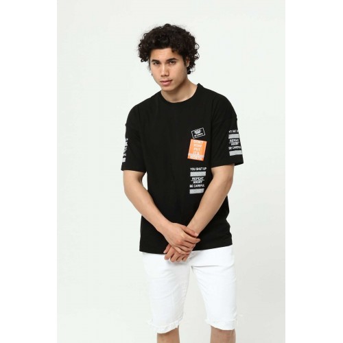 Siyah Ön ve Kol Baskılı Erkek Oversize Kısa Kollu T-Shirt