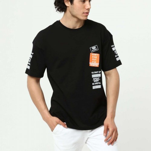 Siyah Ön ve Kol Baskılı Erkek Oversize Kısa Kollu T-Shirt