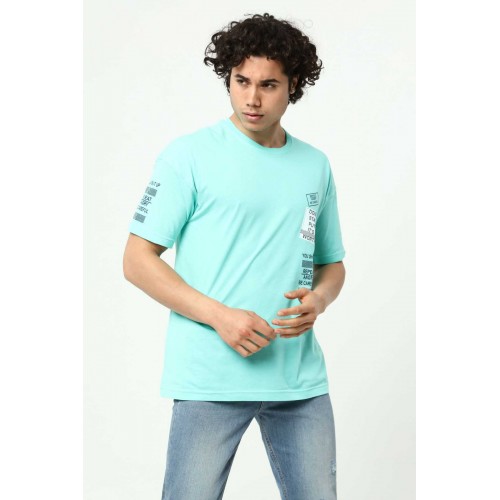 Su Yeşili Ön ve Kol Baskılı Erkek Oversize Kısa Kollu T-Shirt