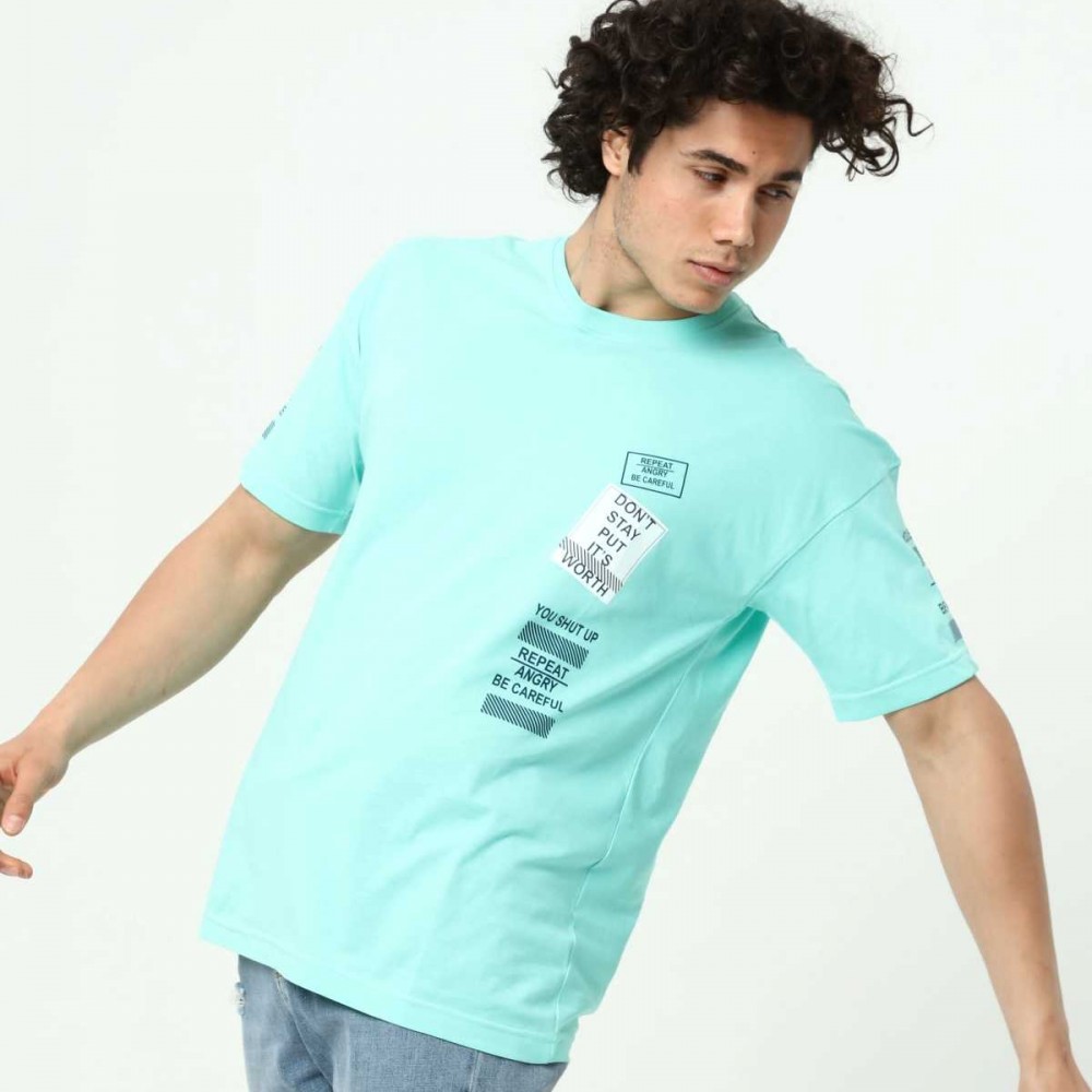 Su Yeşili Ön ve Kol Baskılı Erkek Oversize Kısa Kollu T-Shirt