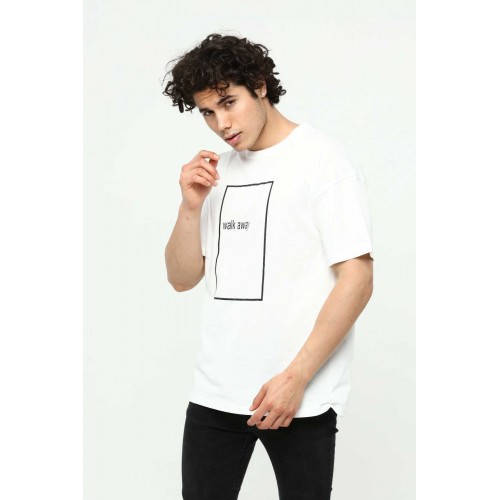 Walk Away Beyaz Erkek Bisiklet Yaka Oversize T-Shirt Çift Taraf Baskılı