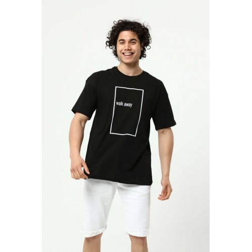 Walk Away Siyah Erkek Bisiklet Yaka Oversize T-Shirt Çift Taraf Baskılı