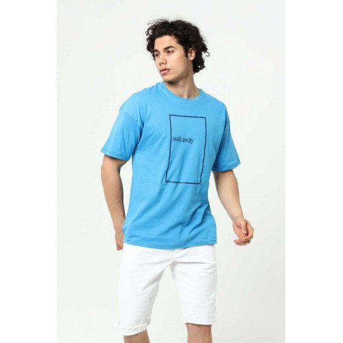 Walk Away Mavi Erkek Bisiklet Yaka Oversize T-Shirt Çift Taraf Baskılı