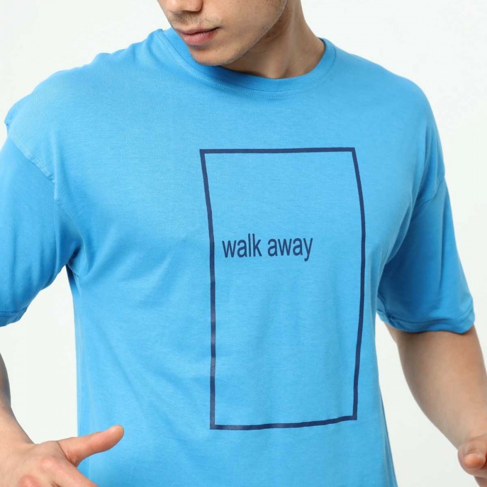 Walk Away Mavi Erkek Bisiklet Yaka Oversize T-Shirt Çift Taraf Baskılı