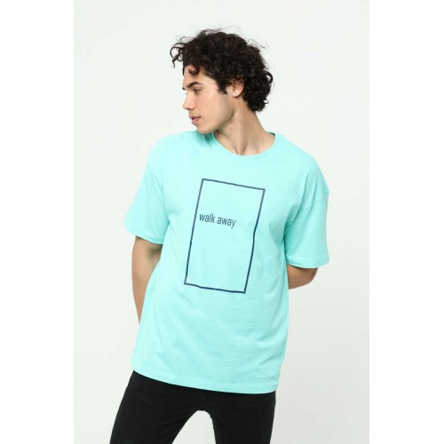 Walk Away Su Yeşili Erkek Bisiklet Yaka Oversize T-Shirt Çift Taraf Baskılı