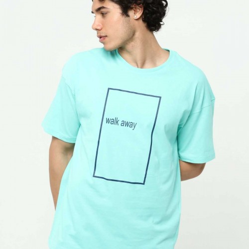 Walk Away Su Yeşili Erkek Bisiklet Yaka Oversize T-Shirt Çift Taraf Baskılı