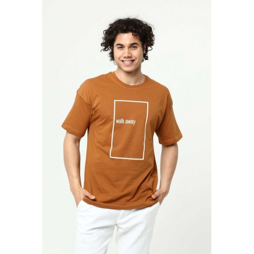 Walk Away Kahve Erkek Bisiklet Yaka Oversize T-Shirt Çift Taraf Baskılı