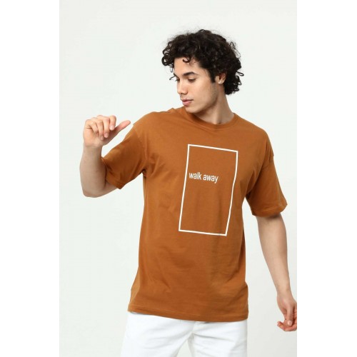 Walk Away Kahve Erkek Bisiklet Yaka Oversize T-Shirt Çift Taraf Baskılı