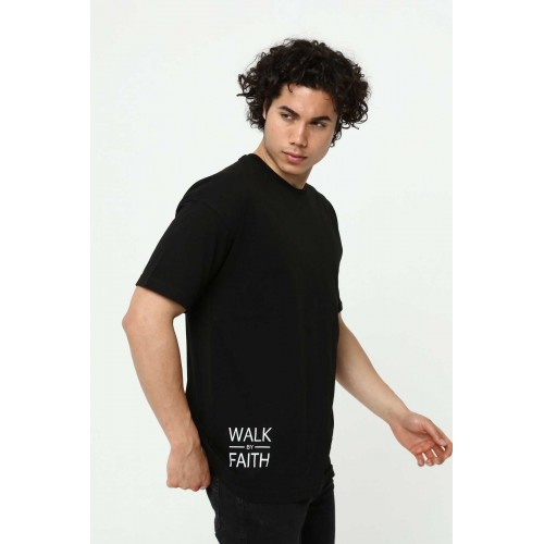 Walk By Faith Baskılı Siyah Erkek Oversize T-Shirt