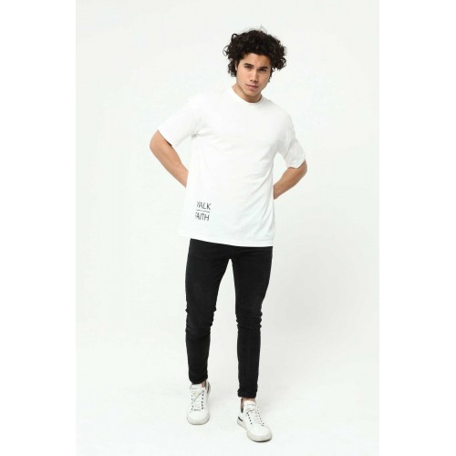 Walk By Faith Baskılı Beyaz Erkek Oversize T-Shirt