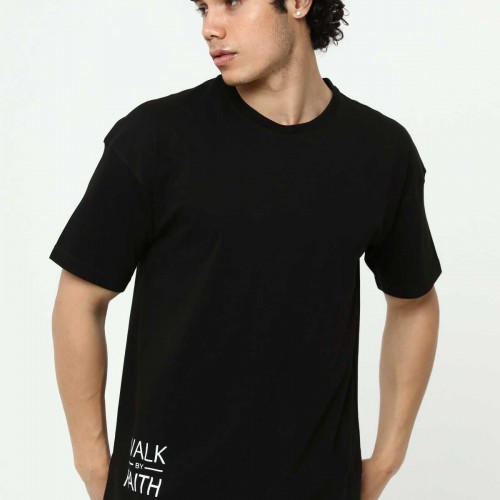 Walk By Faith Baskılı Siyah Erkek Oversize T-Shirt