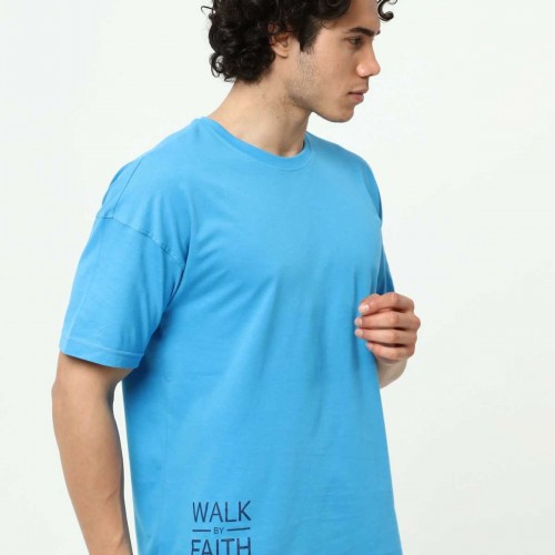 Walk By Faith Baskılı Mavi Erkek Oversize T-Shirt