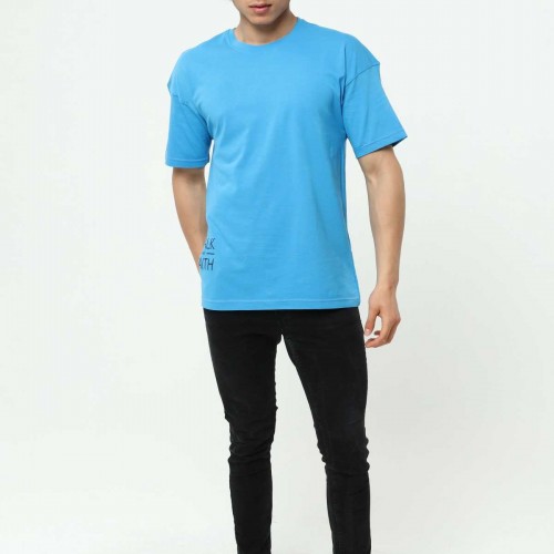 Walk By Faith Baskılı Mavi Erkek Oversize T-Shirt