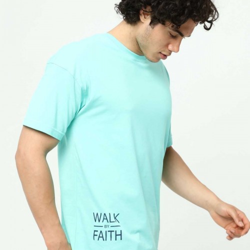 Walk By Faith Baskılı Su Yeşili Erkek Oversize T-Shirt