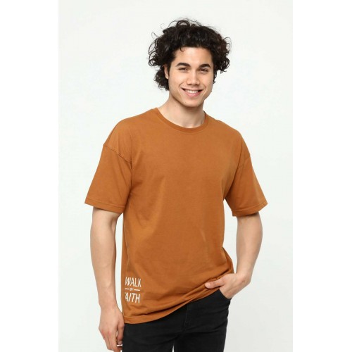 Walk By Faith Baskılı Kahve Erkek Oversize T-Shirt