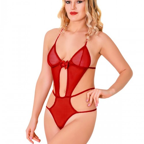 Kırmızı Lcralı Tül Bodysuit - 932