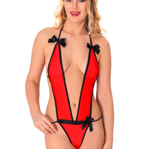 Kırmızı Lcralı Tül Bodysuit - 973