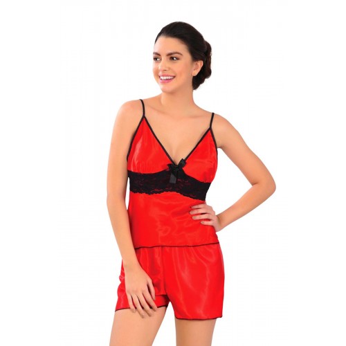 Kırmızı Saten Babydoll Şortlu Takım - 314