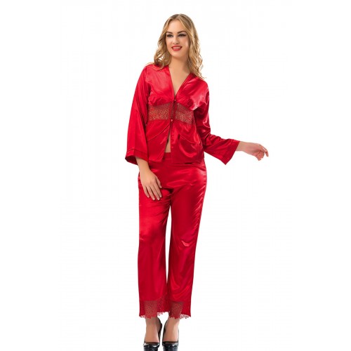 Kırmızı Saten Pijama Takımı - 1601