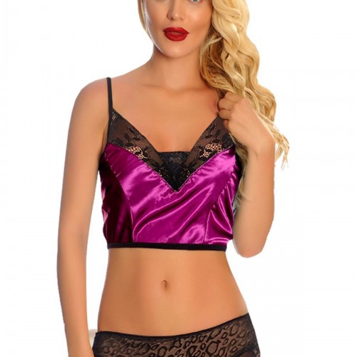 Mor Saten Dantelli Babydoll Şortlu Takım - 287