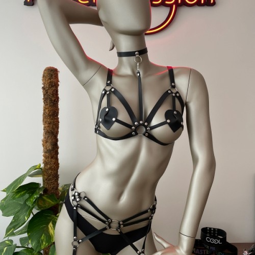 Deri Jartiyer Siyah Harness Takım