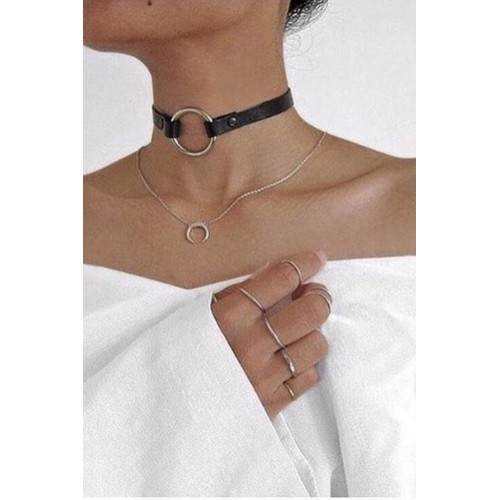 Halka Detaylı Şık Deri Choker - APFT35