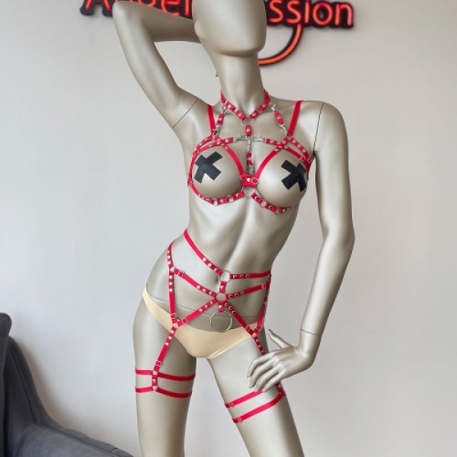 Kırmızı Seksi Elastik Jartiyer Harness Takım