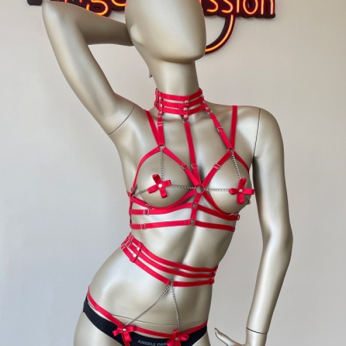 Kırmızı Fiyonk Detaylı Şık Lastik Vücut Harness