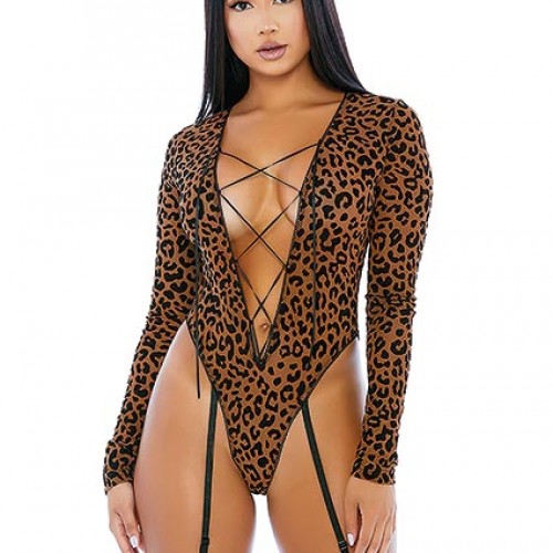 For Dreams Leopar Desenli Jartiyer İpli Fantazi Body 8292