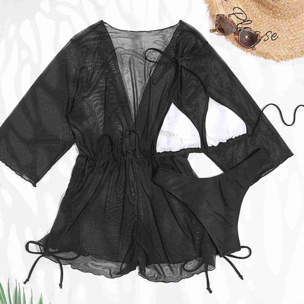 Angelsin Şifon Pareo Plaj Elbisesi Cover Up Kimono Siyah