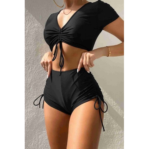 Angelsin Özel tasarım Yarım Kol Büzgü Detaylı Bikini Takım Siyah
