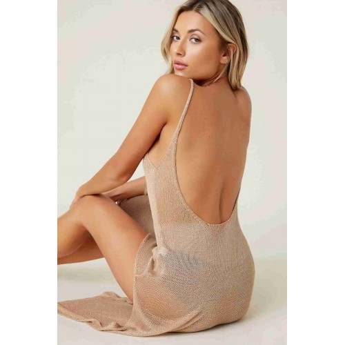 Angelsin Örme Pamuk Uzun Yırtmaçlı Pareo Plaj Elbisesi Kimono Kaftan Krem