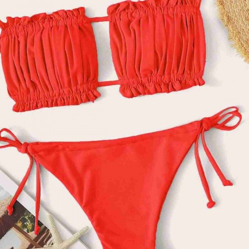 Angelsin Brezilya Model Büzgülü Bağlamalı Bikini Takım Kırmızı