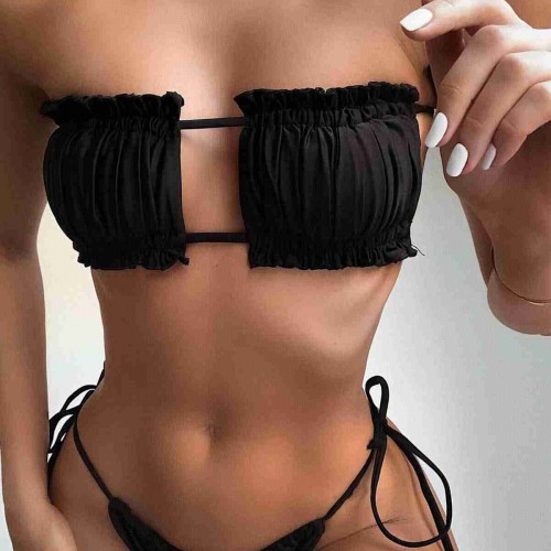 Angelsin Brezilya Model Büzgülü Bağlamalı Bikini üstü Siyah