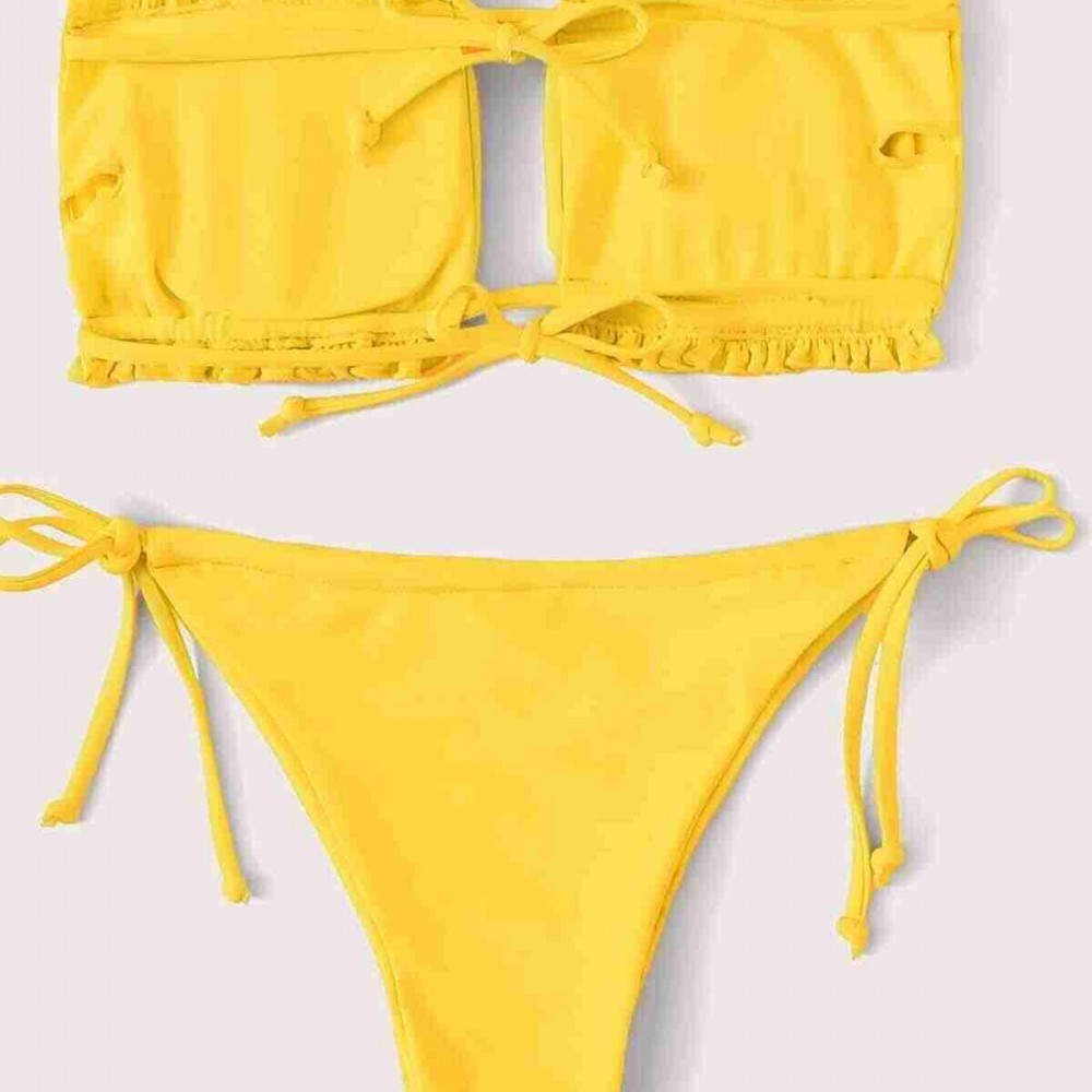 Angelsin Brezilya Model Büzgülü Bağlamalı Bikini üstü Sarı