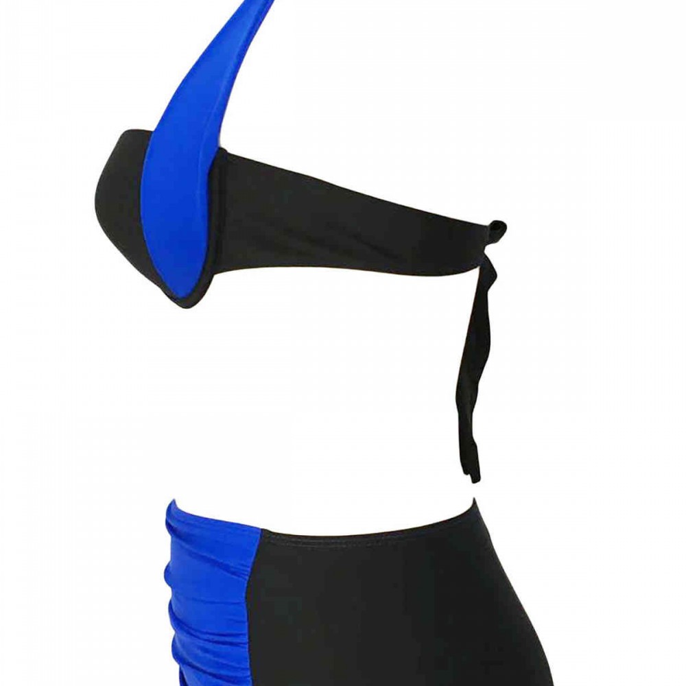 Angelsin Kaplı Mavi Siyah Tasarımlı Yüksek Bel Bikini Takım