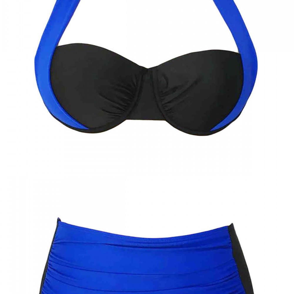 Angelsin Kaplı Mavi Siyah Tasarımlı Yüksek Bel Bikini Takım