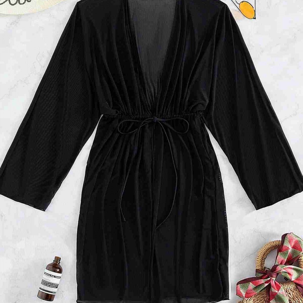 Angelsin Uzun Önden Bağlamalı Plaj Elbisesi Pareo Kimono Siyah