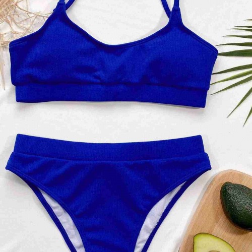 Angelsin Yüksek Bel Fitilli Kumaş BiKini Altı Saks