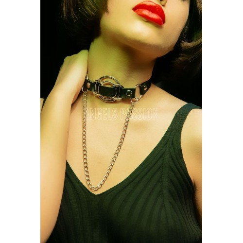 Deri Choker, Deri Tasma, Zincirli Deri Kolye, Halkalı Deri Kolye - APFT588