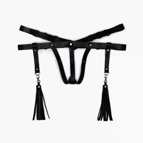 Deri İç Giyim Püsküllü Tanga Harness - APFT439