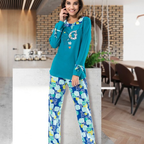 Derya Kurşun Uzun Kol Desenli Kadın Pijama Takım 1111