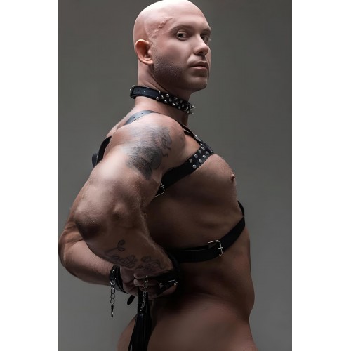 Erkek Fantazi Giyim, Deri Erkek Harness Takım, Çivili Choker, Kırbaç - APFTM102