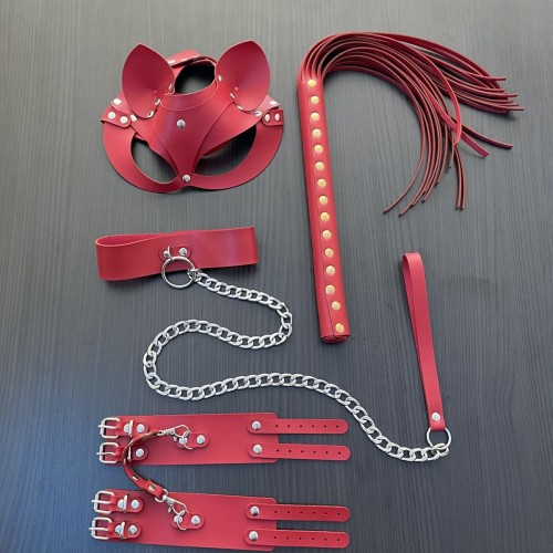 Kırmızı Fantezi Set, Kırbaç - Kelepçe - Tasma - Maske Takım - APFT1246