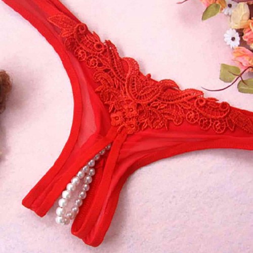 Merry See Kırmızı Fantazi Külot Özel Bölgesi İncili Açık